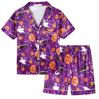 Vopmocld Unisex Kids Girls Boys 3PCS Satin Pajamas Set Button Down Short Sleeve Long Pants and Shorts Silky Nighty Lounge Sleepwear, Halloween Purple, 10