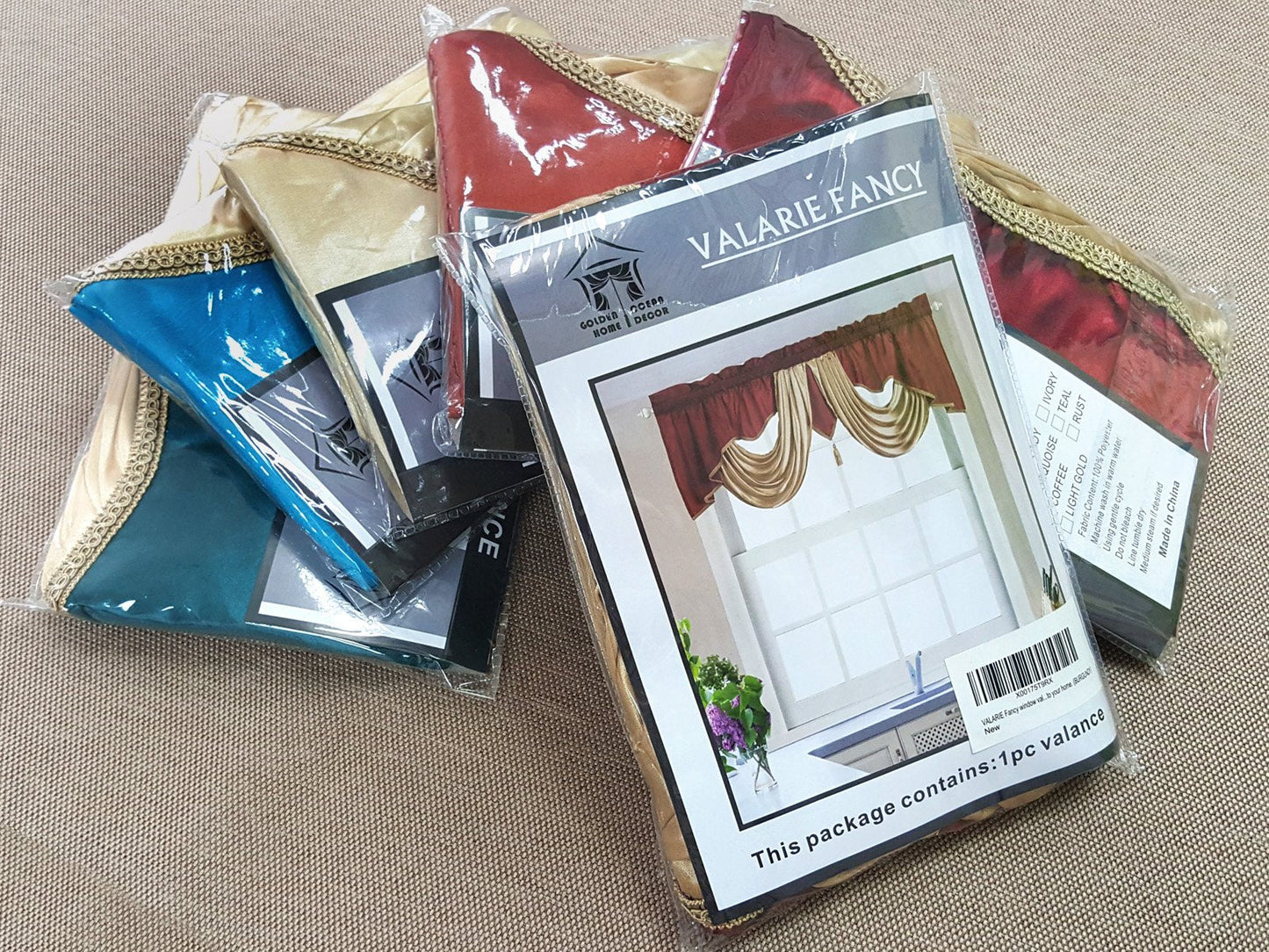 Valarie Fancy Window Valance. 54 x 18 inches. Taffeta Fabric with Soft Satin Swag. Add Some Royal luxruy Accent to Your Home. (Burgundy)