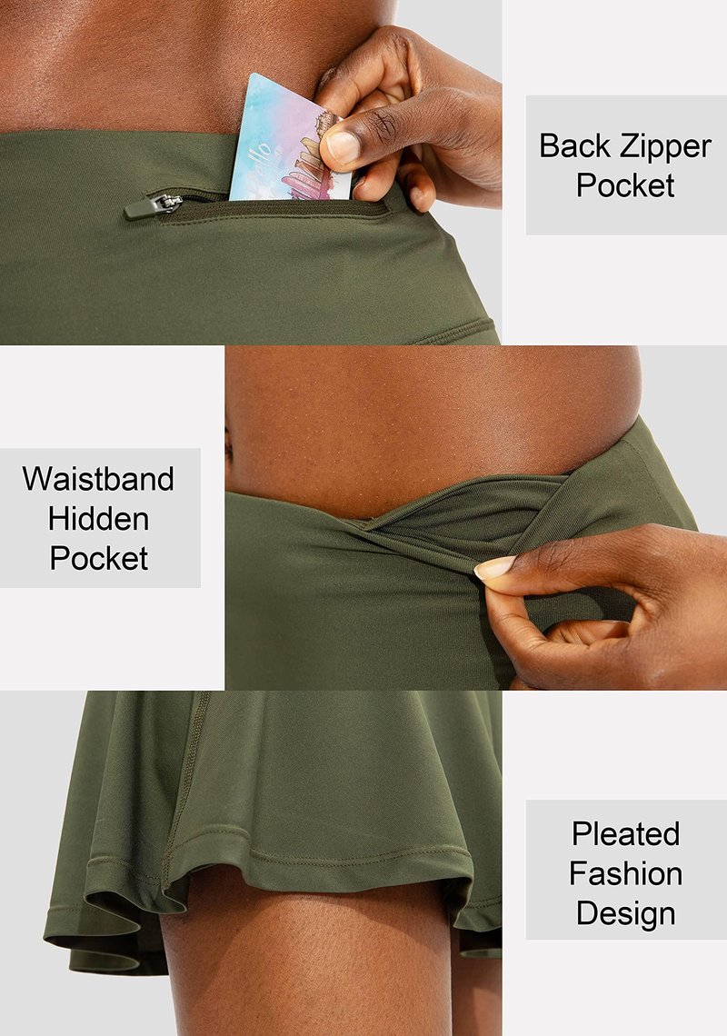 SANTINY Pleated Tennis Skirt for Women with 4 Pockets Women's High Waisted Athletic Golf Skorts Skirts for Running Casual (Army Green_S)