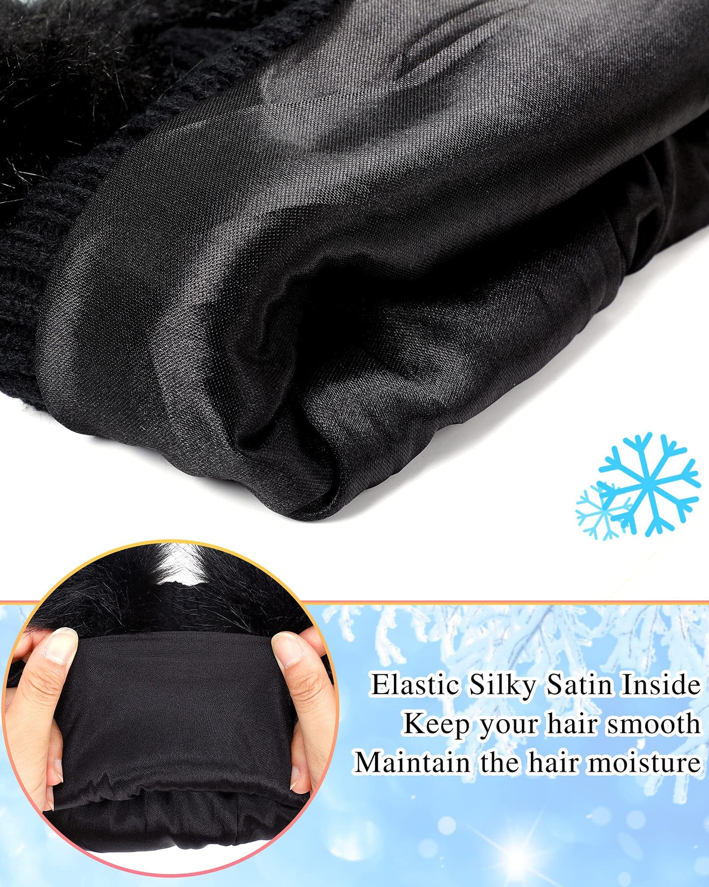 SATINIOR 2 Pieces Satin Lined Winter Hats Women Knitted Pompom Beanies Hat Touchscreen Gloves Set for Women(Black)