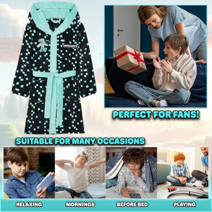 Minecraft Dressing Gown for Boys Fleece Hooded Bathrobe with Pockets Creeper Loungewear Nightwear Teens Gamer Gifts for Boys (9-10 Years, Teal)