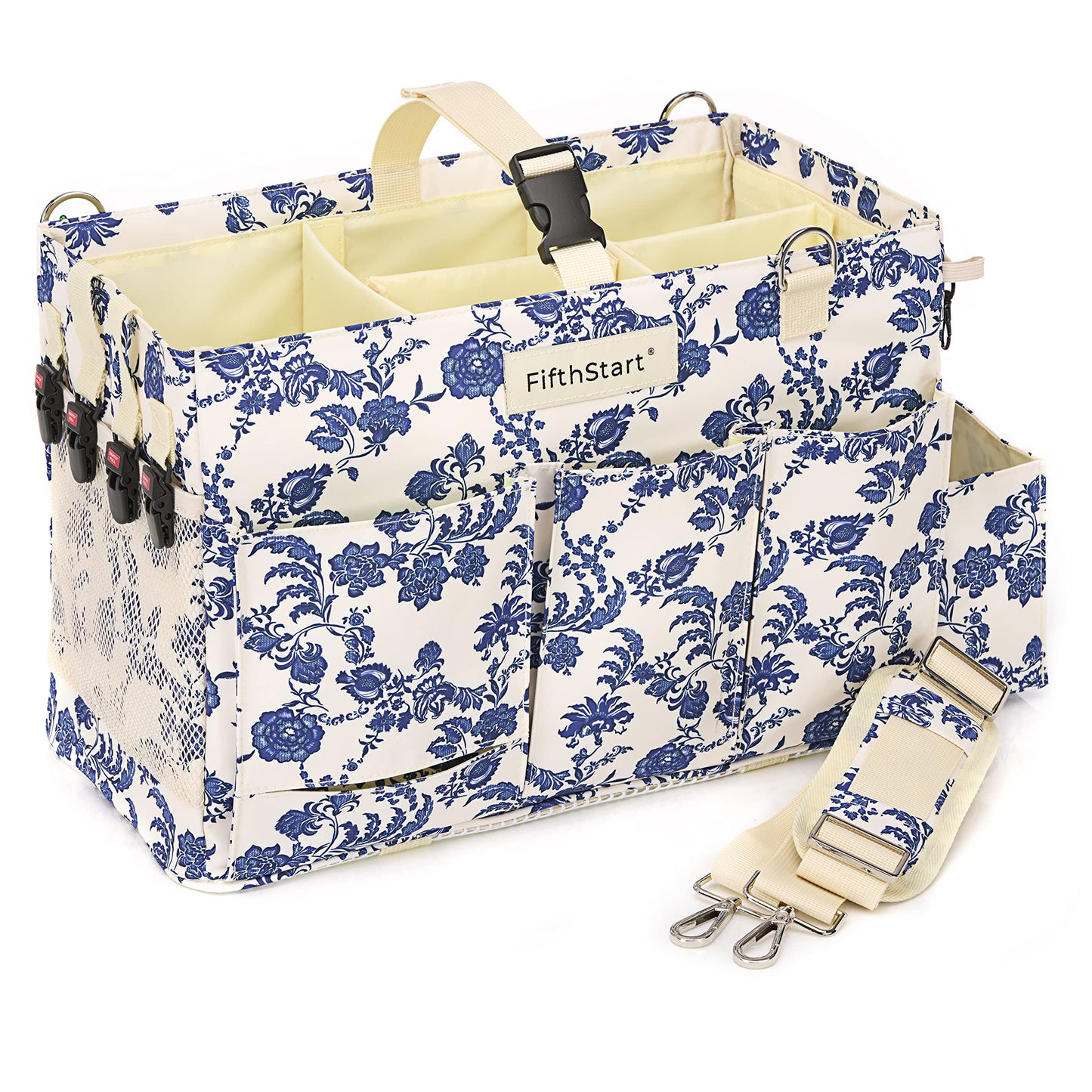 FifthStart Multiuse Large Blue Floral Diaper Caddy with Waist, Shoulder Strap, 9 Pockets, Mesh Base, and Adjustable Compartments