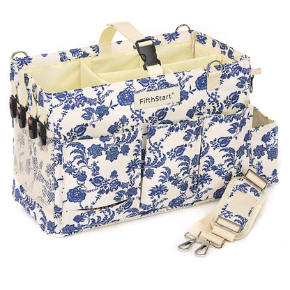 FifthStart Multiuse Large Blue Floral Diaper Caddy with Waist, Shoulder Strap, 9 Pockets, Mesh Base, and Adjustable Compartments