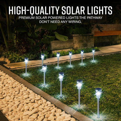 GloBrite Pack of 10 Solar Lights Outdoor Garden – Waterproof Stainless Steel LED Solar Garden Lights with Stake for Pathway, Driveway, Patio, Walkway, Lawn, Yard & Landscape Decoration