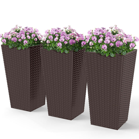 Outsunny Tall Planters for Outdoor Plants Set of 3, 24 in Taper Planters with Drainage Holes, Rattan Decor Plant Pots for Indoor Outdoor Front Porch Patio Backyard, Brown