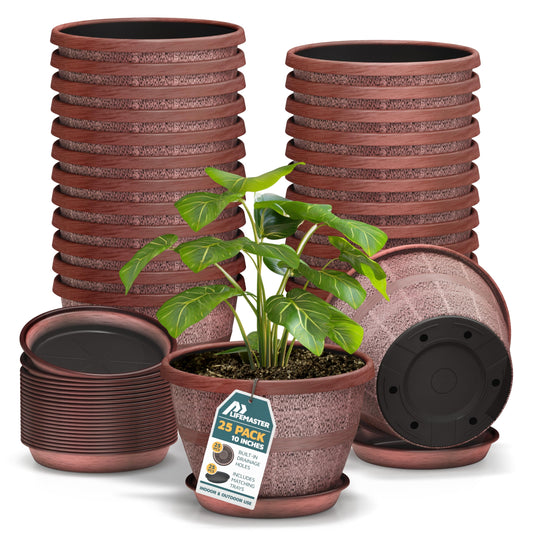10-Inch Whiskey Barrel Planters Outdoor Pack of 25 - Durable Plastic Plant Pots for Indoor & Outdoor Use with Drainage & Saucer, Lightweight Rustic Barrel Planters for Flowers, Herbs & Small Plants
