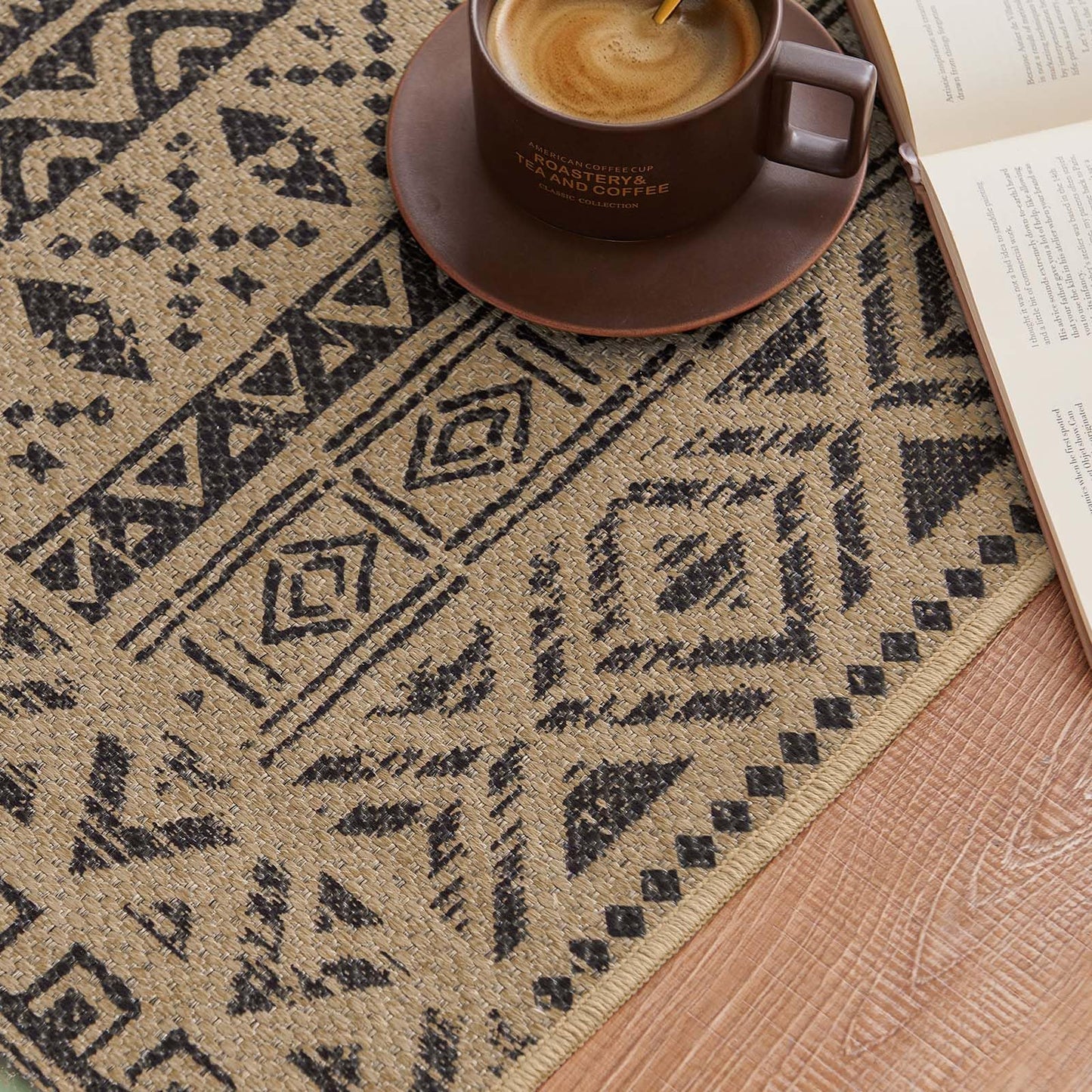 jinchan 5x7 Washable Faux Jute Area Rug, Boho Southwestern Geometric Natural Fiber Look Outdoor Rug, Low-Pile Non-Slip Floor Mat for Living Room Dining Room Bedroom Patio, Natural Charcoal