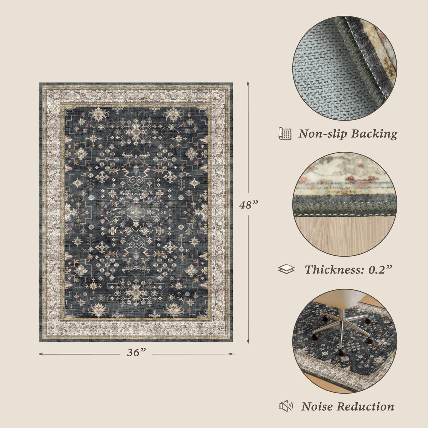 3x4 Black Boho Office Chair Mat for Hardwood Tile Floor - Ultra-Soft Low Pile Desk Rug with Non-Slip Backing, 36''x48'' Machine Washable Area Rug and Floor Protector for Rolling Computer Chair Mat