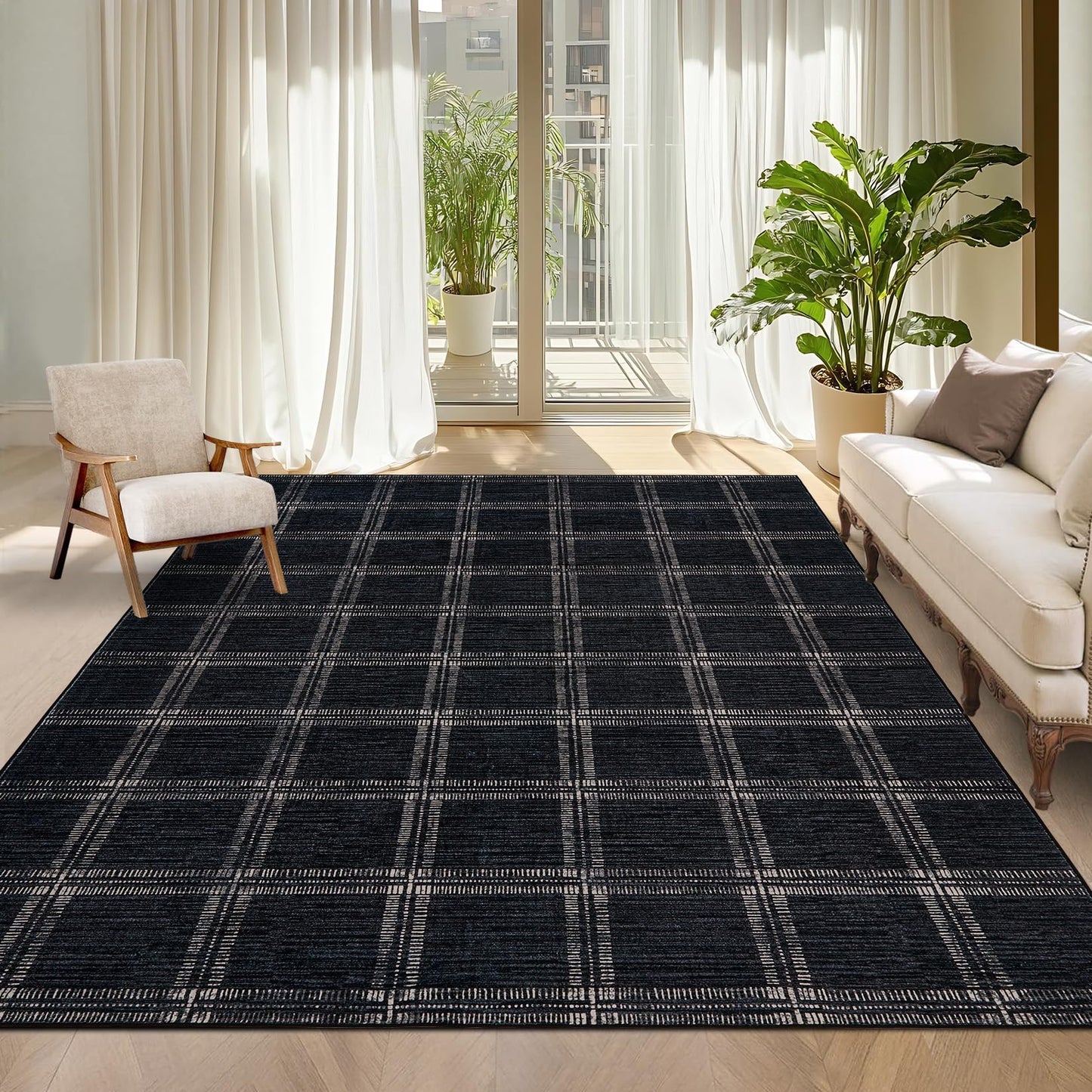 MilleLoom Washable Black Checkered 5x7 Area Rug, Ultra Thin Soft Non Slip Geometric Living Room Bedroom Rugs, Low Pile Stain Resistant Indoor Modern Throw Carpet for Dining Room Office