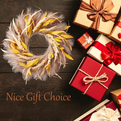 Fall Wreath 22-24inch Autumn Door Wreath with Yellow Leaves, Light Brown Reeds,Beige Wheat Ears for Farmhouse Indoor Outdoor Window Wall Thanksgiving Decor