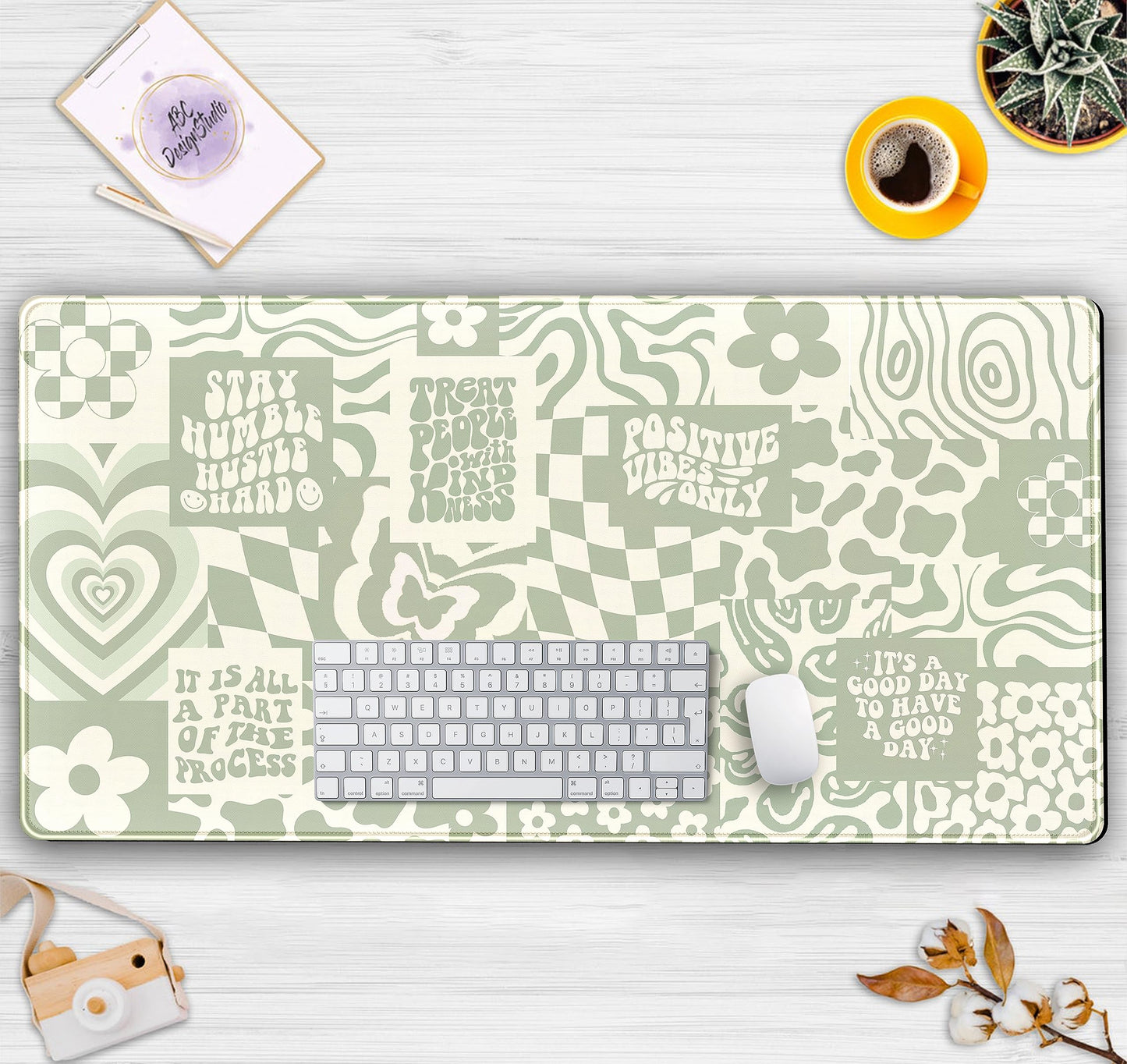 DCJJM Boho Aesthetic Desk Mat Beige Retro Hippie Boho XXL Large Extended Gaming Green Sage Mouse Pad Women Gamer Girl Work Office Computer Deskmat Mousepad Laptop Keyboard Mat Desk Pad 31.5x15.75 in
