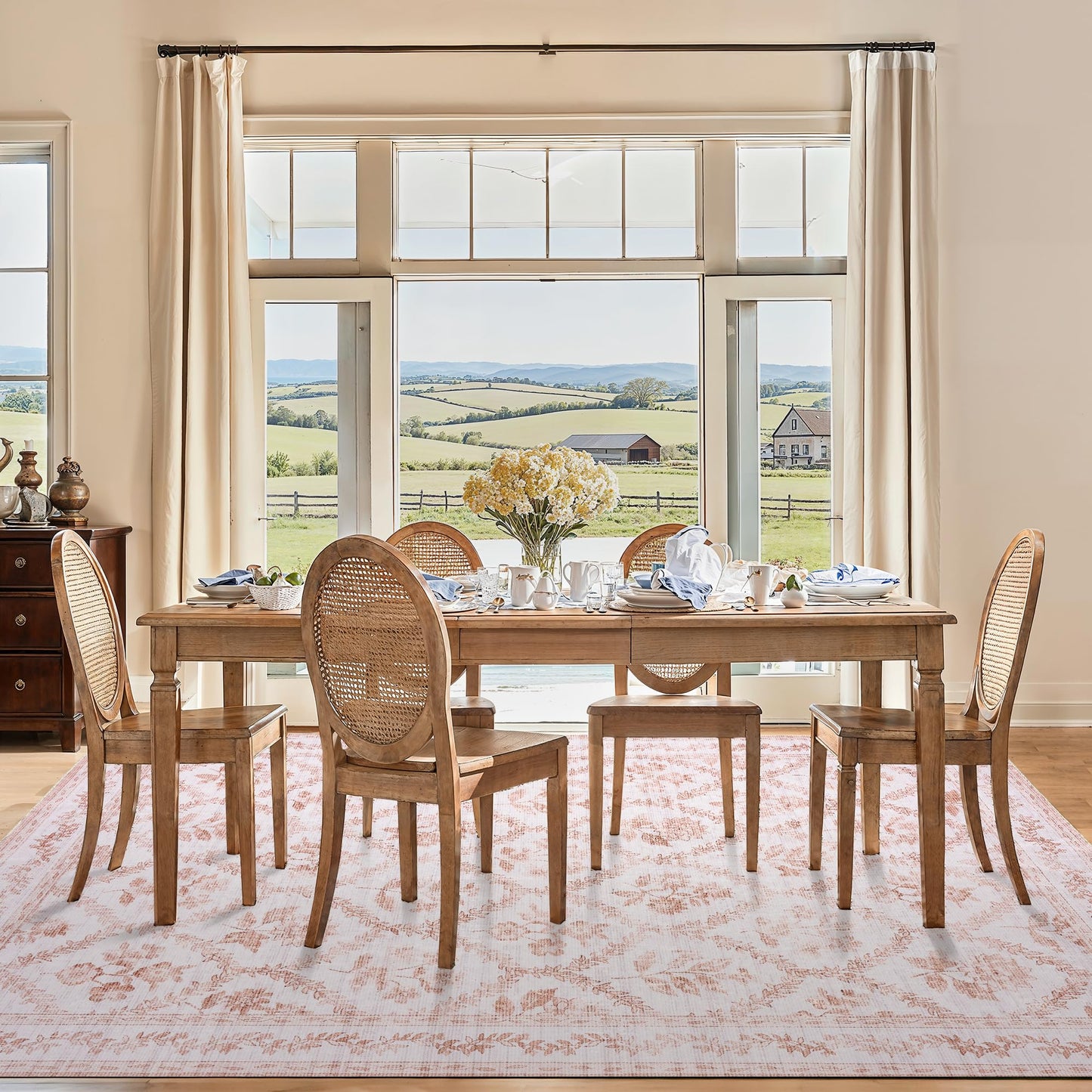Pink Rugs for Bedroom Boho Light Blush Pink Floral Area Rugs Nursery for Baby Girl, Cute Foldable Machine Washable Distressed Carpet for Living Room Bedroom Dorm Kids Playroom 5x7