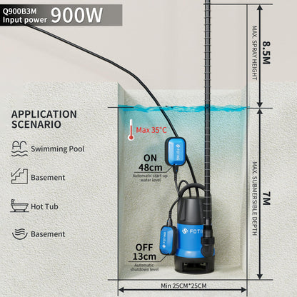 FOTING 900W Submersible Water Pump for Dirty/Clean Water, 14000 L/H Electric Sump Pump with Float Switch, Portable Water Pump to Empty Pool, Drainage Pump for Garden Pond, Pools, Hot Tub, Ditches