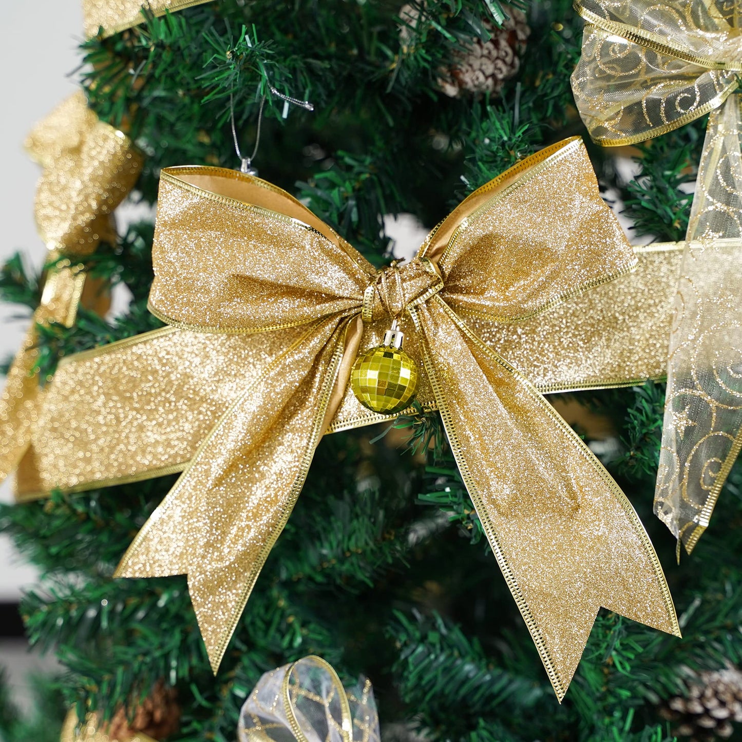 MEEDEE Gold and White Ribbon for Christmas Trees - 2.5 Inch, 6 Rolls, 36 Yards - Gold Wire Mesh Ribbon for Wreaths and Tree Decoration