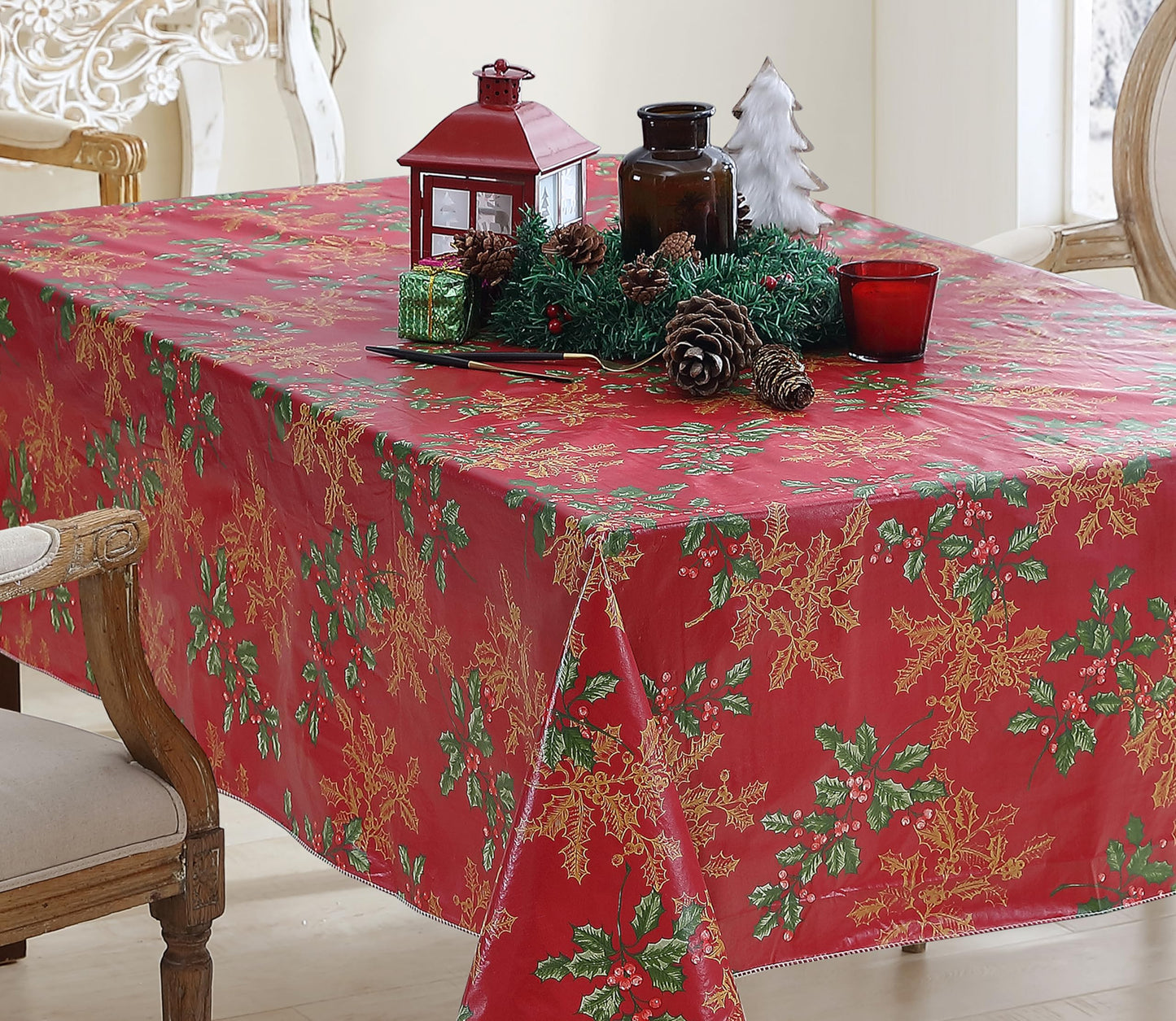Newbridge Red Golden Holly Christmas Vinyl Tablecloth with Flannel Backing, Metallic Gold Holly & Berry Print, Wipe Clean Easy Care, 52 x 52 Inch Square
