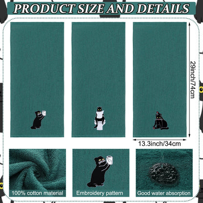 FuWeave 3 Pcs Cat Hand Towels for Bathroom Decor Funny Embroidered Black Cat Halloween Decorative Dark Green Bath Dish Towels for Bathroom Kitchen Decor, 100% Cotton, 13.3 x 29.5''
