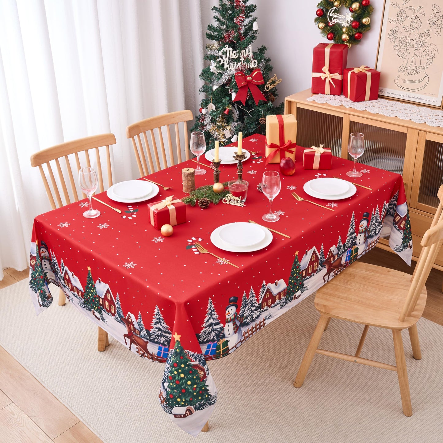 Christmas Tablecloths Rectanglar Winter Snowman Farmhouse Christmas Tree Table Cloth- 60 x 84 Oblong Polyester Red Xmas Table Cover Washable Waterproof for Holiday Decoration Party Kitchen Dining