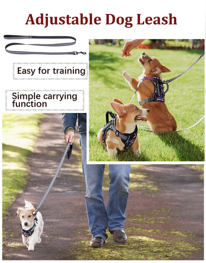 Foxyep Tactical Dog Harness,Working Dog MOLLE Vest with Handle for Medium Dogs No Pull Adjustable Pet Harness Reflective Strapwith Dog Leash Set(M,Blue Floral)