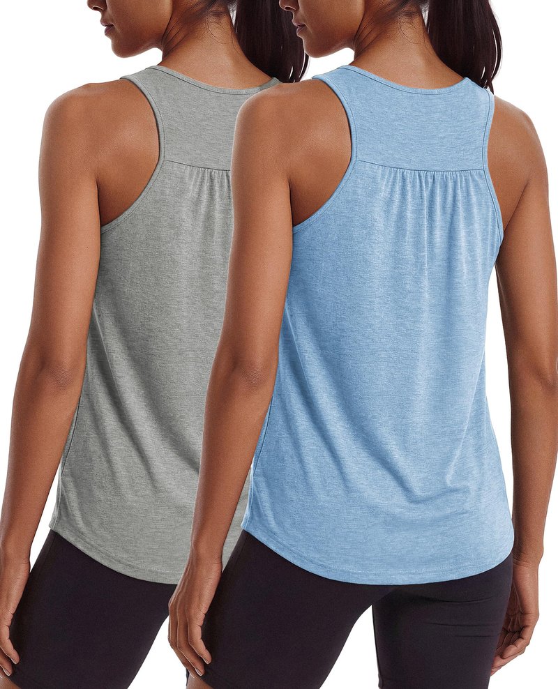 PINSPARK Tank Top for Women Sleeveless Athletic Workout Tops Moisture Wicking Yoga Pilates Gym Shirts Soft Tennis Running Tanks,Light Grey/Light Blue S