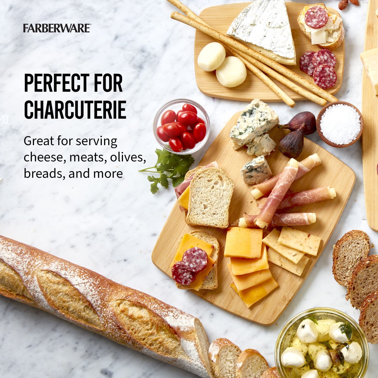 FARBERWARE 4-Piece Reversible Bamboo Cutting Board and Charcuterie Set, Assorted Sizes, Durable Wood Serving Boards for Cheese, Meats, and Prep