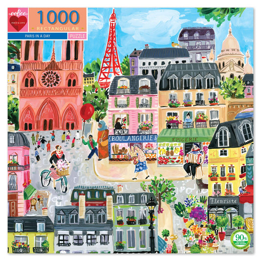 eeBoo: Piece and Love Paris in a Day 1000 Piece Rectangular Adult Jigsaw Puzzle, Puzzle for Adults and Families, Glossy, Sturdy Pieces and Minimal Puzzle Dust