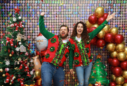 Ugly Christmas Sweater Unisex Funny Novelty Knit Pullover Men with Santa Reindder for Xmas PartyLargeTinsel Trim Colour Fest
