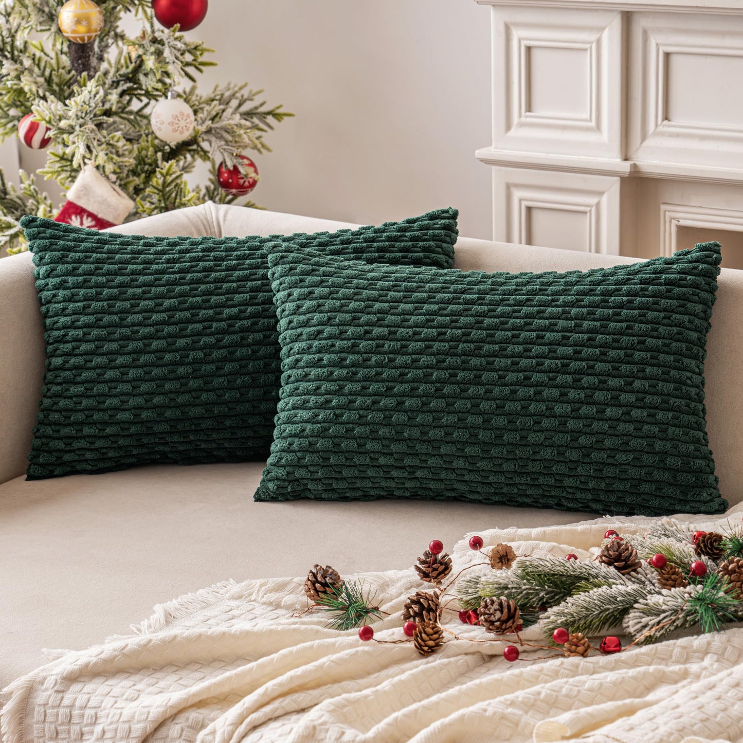 MIULEE Pack of 2 Decorative Throw Pillow Covers 18x18 Inch Soft Boho Striped Textured Corduroy Pillow Covers Modern Farmhouse Home Decor for Couch Bed Sofa Living Room Cream White