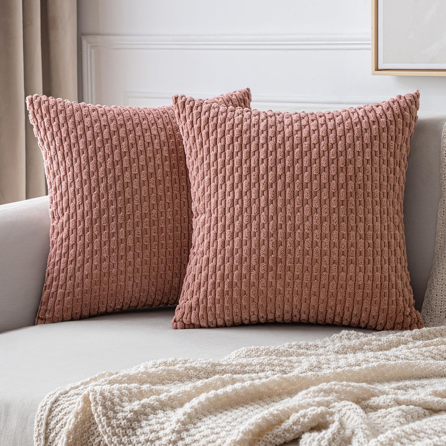 MIULEE Pack of 2 Decorative Throw Pillow Covers 18x18 Inch Soft Boho Striped Textured Corduroy Pillow Covers Modern Farmhouse Home Decor for Couch Bed Sofa Living Room Cream White