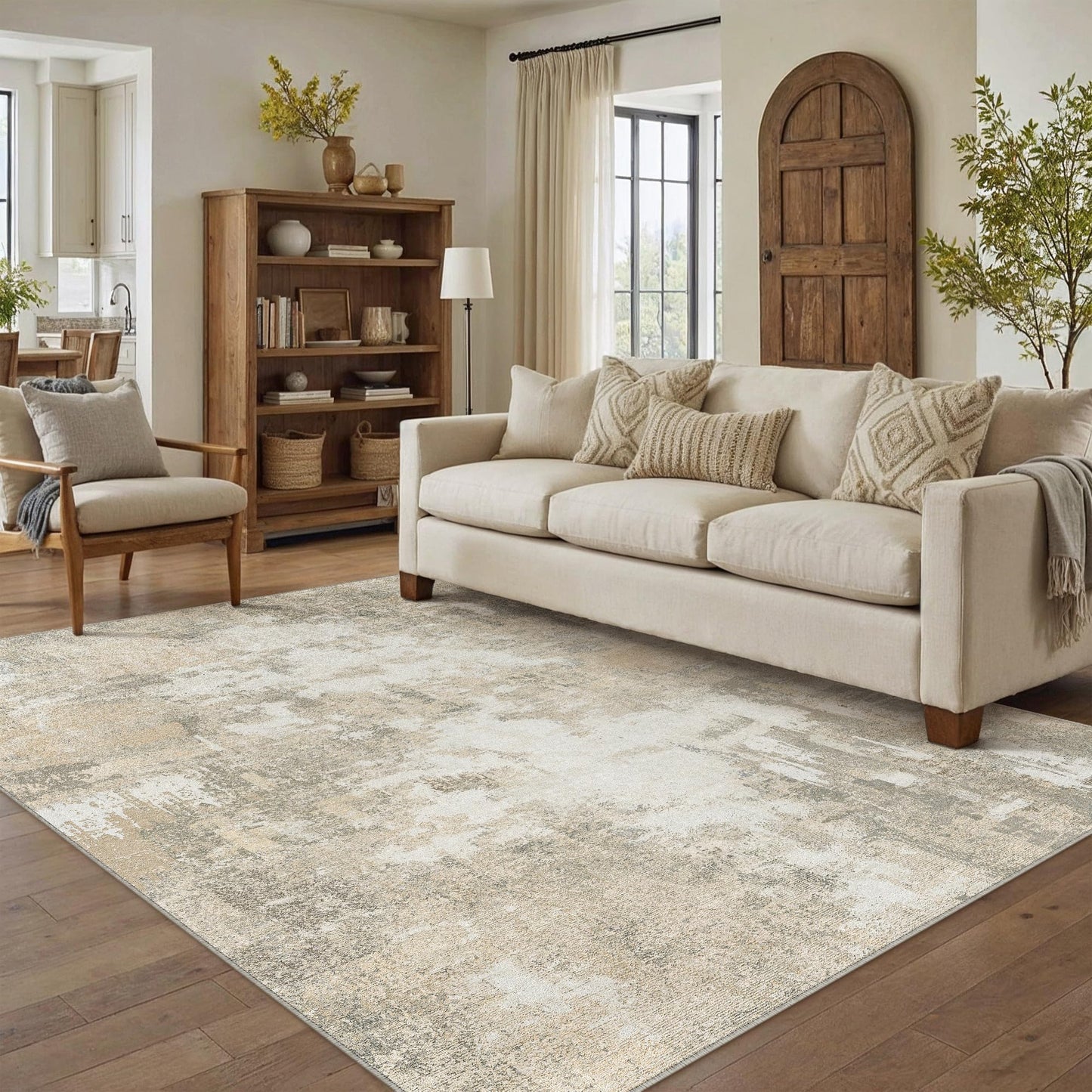 HUGEAR 6x9 Area Rug Beige Abstract Machine Washable Rug Home Decor Modern Living Home Carpet Low Pile Non Slip Throw Rugs for BedHome Dining Home Office Soft Lightweight