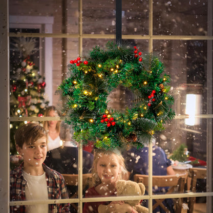 Joiedomi 20” Artificial Christmas Wreath Prelit with 15” Hanger, Decorated with 50 LED Lights, Red Berries, Pine Cones Glitter Pine Needles for Front Door Wall Christmas Decorations (Battery Operated)