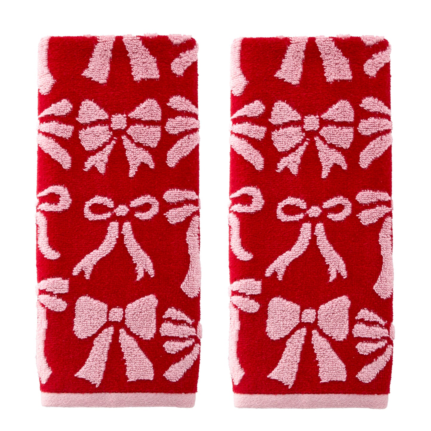 SKL Home Bow Jacquard 100% Cotton Premium 2-Piece Hand Towel Set, 500 GSM, Reversible, Soft & Absorbent, Everyday/Christmas/Winter/Valentine's, Decorative for Bath/Kitchen/Bar, Red/Pink