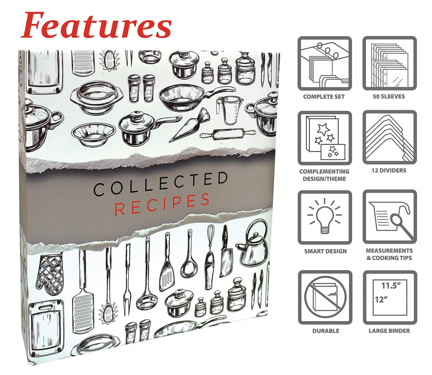 Better Kitchen Products Recipe Binder, Full Page 3 Ring Standard Binder Organizer Set (with 50 Page Protectors & 12 Category Divider Tabs) 11.5" x 12" Sleek Kitchen Design