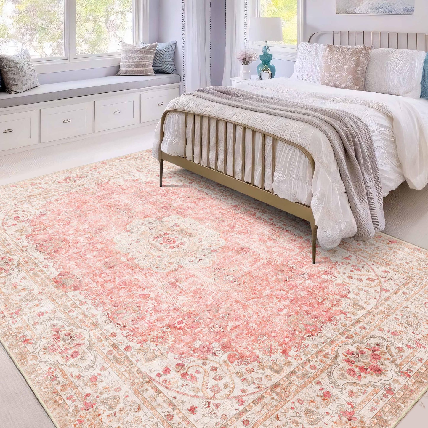 Castage 5x7 Area Rugs Washable,Pink Rug for Living Room Bedroom Kitchen,Large Boho Vintage Bohemian Distressed Carpet Non Slip,Blush