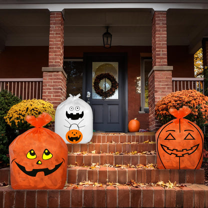 Set Of 4 Halloween Decorative Giant Lawn Bags With Twist Ties (Pumpkin & Ghost)