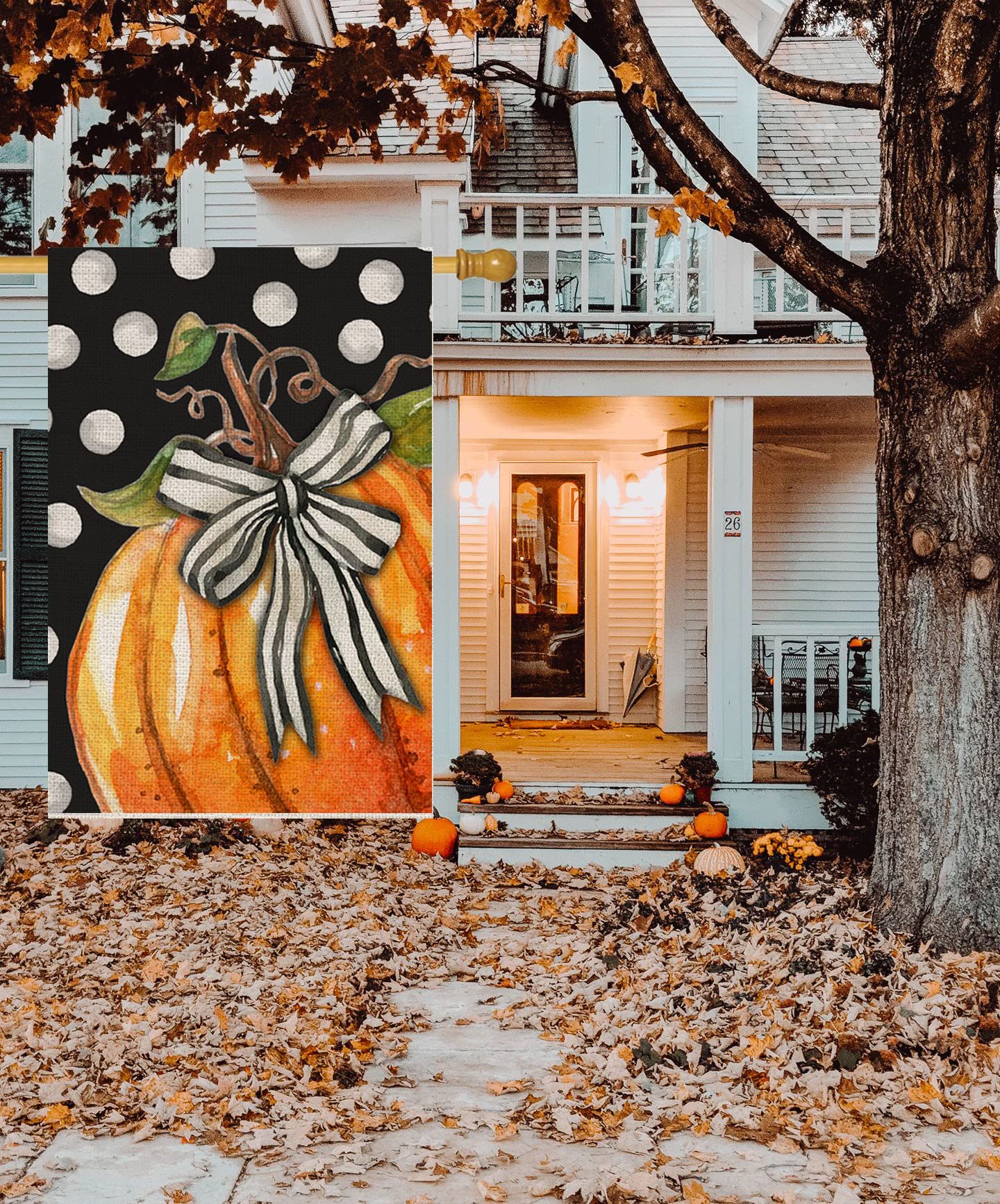 Fall Pumpkin House Flag for Outdoor 28x40 Double Sided,Seasonal Pumpkin with Bowknot White Dots Yard Flags for Outside,Holiday Decorative House Flag for Thanksgiving Farmhouse Autumn Décor