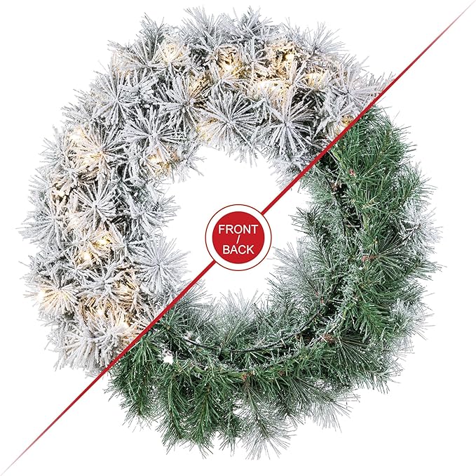 Glitzhome Pre-Lit Christmas Wreath with Lights for Front Door Wall Window Xmas Decor, Snow Flocked 24" D