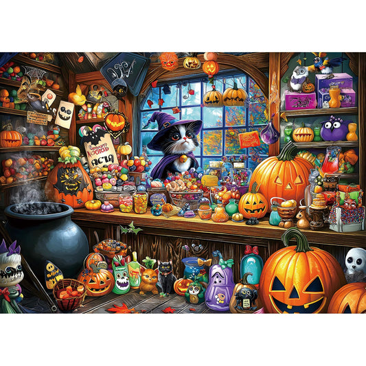 Halloween Witch Cat 1000 Piece Puzzle for Adults Halloween Candy Store Jigsaw Puzzle Spooky Treats Scene Challenging Impossible Puzzle Fun Games for Adults & Family Game Night