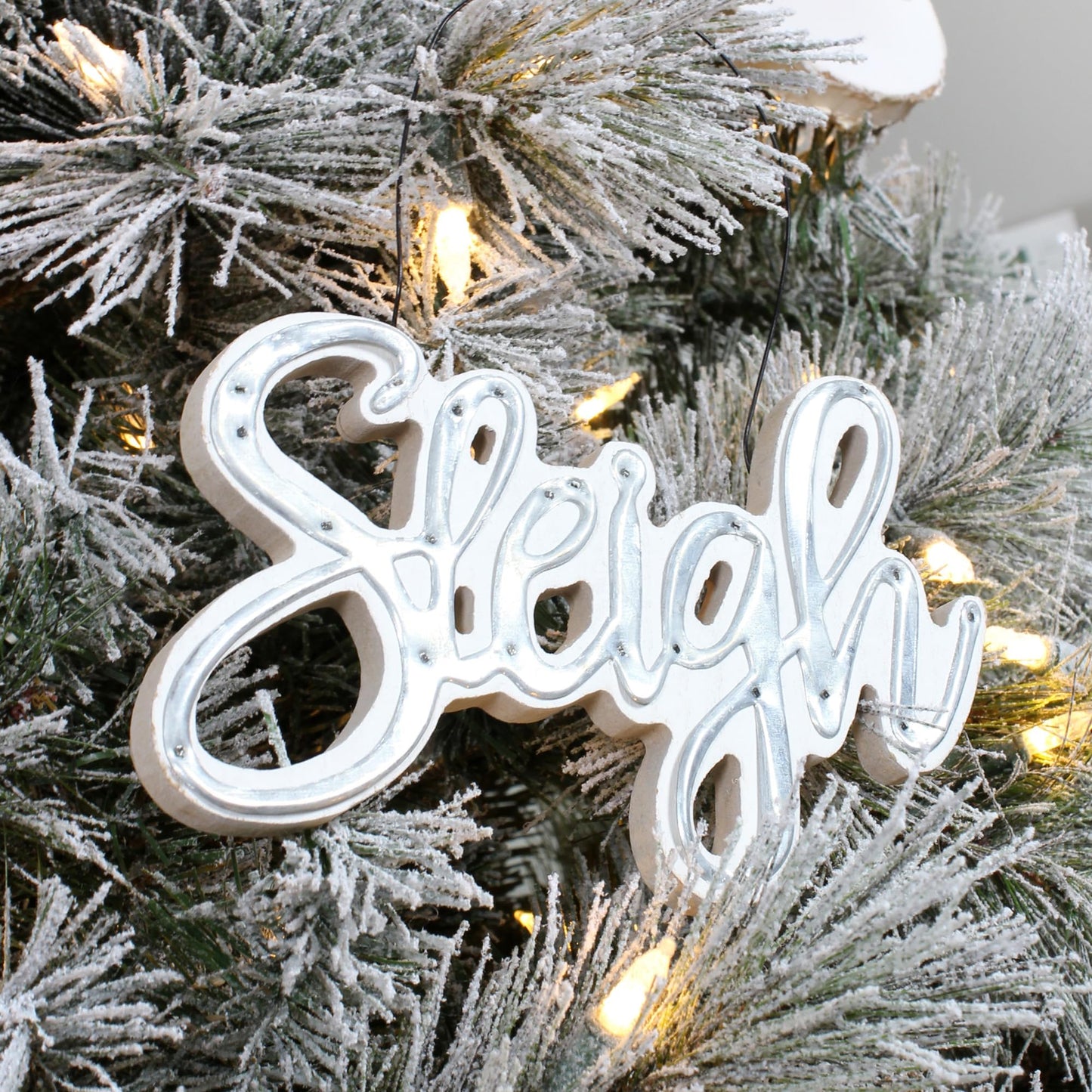 AuldHome Design Large Farmhouse Christmas Word Art Ornaments in Galvanized Rustic Tin Script w/Jolly, Sleigh and Hohoho, (Set of 3 7-Inch Signs)