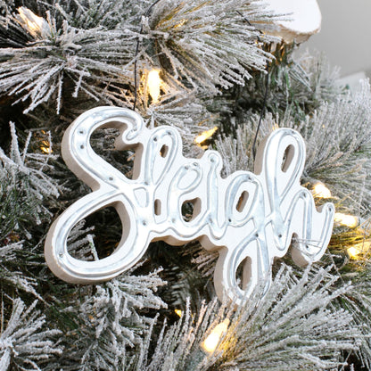 AuldHome Design Large Farmhouse Christmas Word Art Ornaments in Galvanized Rustic Tin Script w/Jolly, Sleigh and Hohoho, (Set of 3 7-Inch Signs)