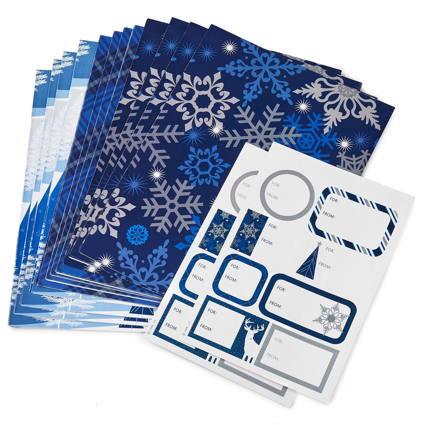 Hallmark Christmas Flat Wrapping Paper Sheets with Gift Tag Seals - Snowflakes, Deer, Tartan Plaid Gift Wrap Paper (12 Sheets, 16 Gift Tag Stickers) for Holiday Parties, Hanukkah, Winter Weddings