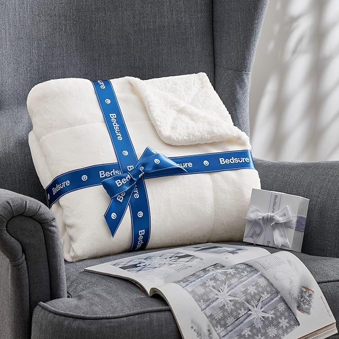 Bedsure GentleSoft Sherpa Fleece Throw Blanket for Couch - Thick and Warm, Soft Fuzzy Plush Throw Blanket for Winter, White, 50x60 Inches