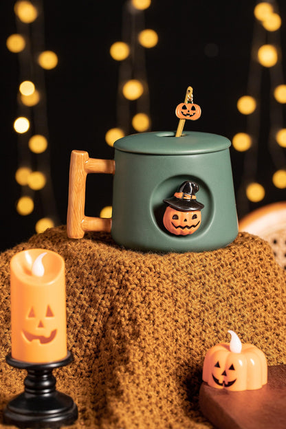 DIHOclub Adorable 3D Ceramic Pumpkin Head Mug with Lid and Spoon - Perfect for Coffee, Tea, Milk, and More - Ideal Gift for Halloween - 14 Ounces (HalloweenG)