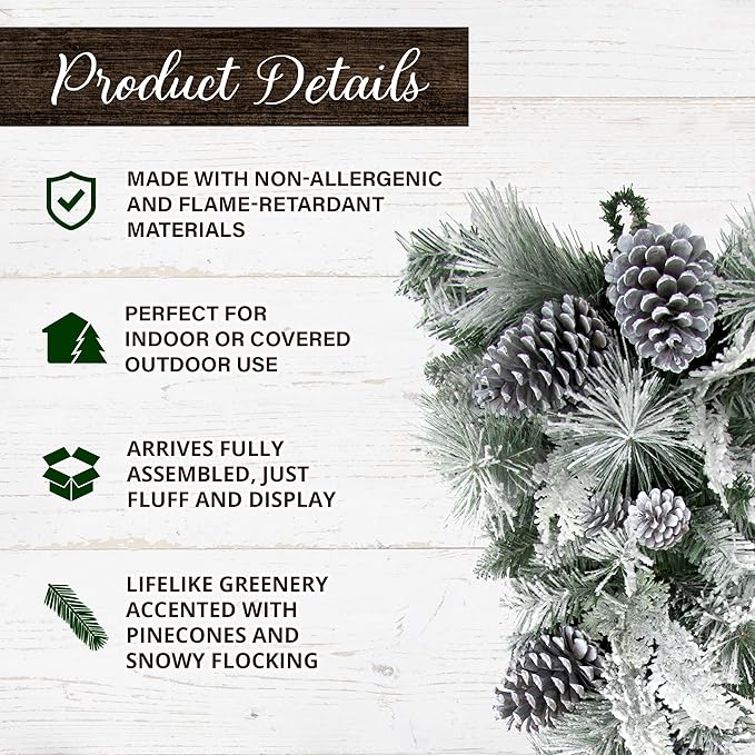 Fraser Hill Farm 30" Christmas Snow Flocked Teardrop Door Swag with Pinecones, FF030CHTD001-0SN