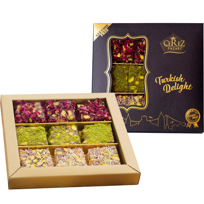 Cerez Pazari Turkish Delight Pistachio with Fantastic Rose & Pomegranate Flavour Experience in Luxury Gift Box 8.8 oz | Assorted Gourmet Soft Candy, Sweet Vegan Traditional Lokum (Loukoumi) (9-11 Pcs)