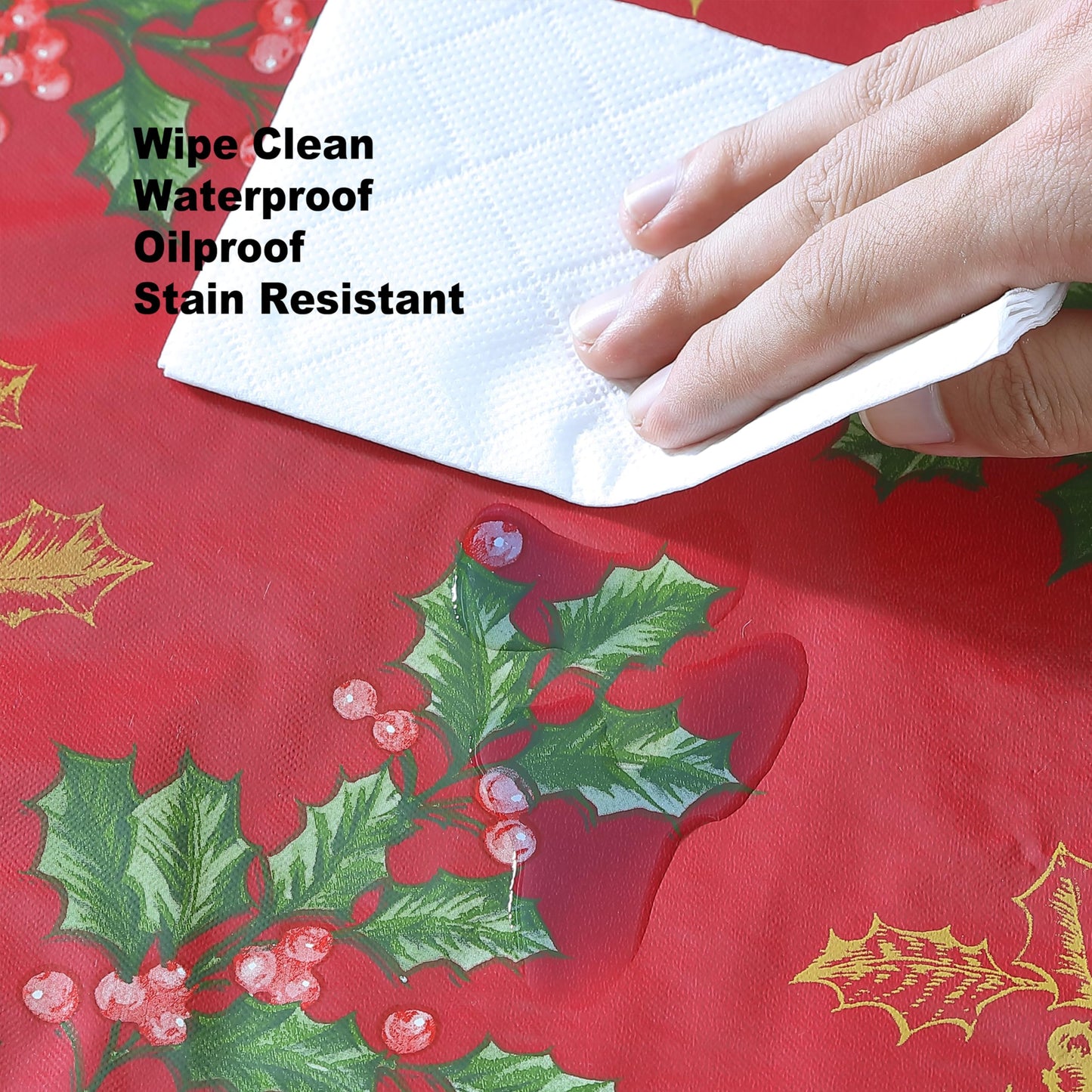 Newbridge Red Golden Holly Christmas Vinyl Tablecloth with Flannel Backing, Metallic Gold Holly & Berry Print, Wipe Clean Easy Care, 52 x 52 Inch Square