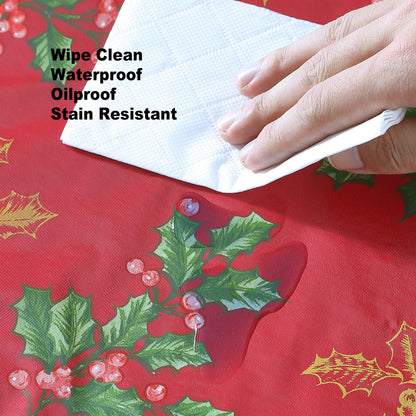 Newbridge Red Golden Holly Christmas Vinyl Tablecloth with Flannel Backing, Metallic Gold Holly & Berry Print, Wipe Clean Easy Care, 52 x 52 Inch Square
