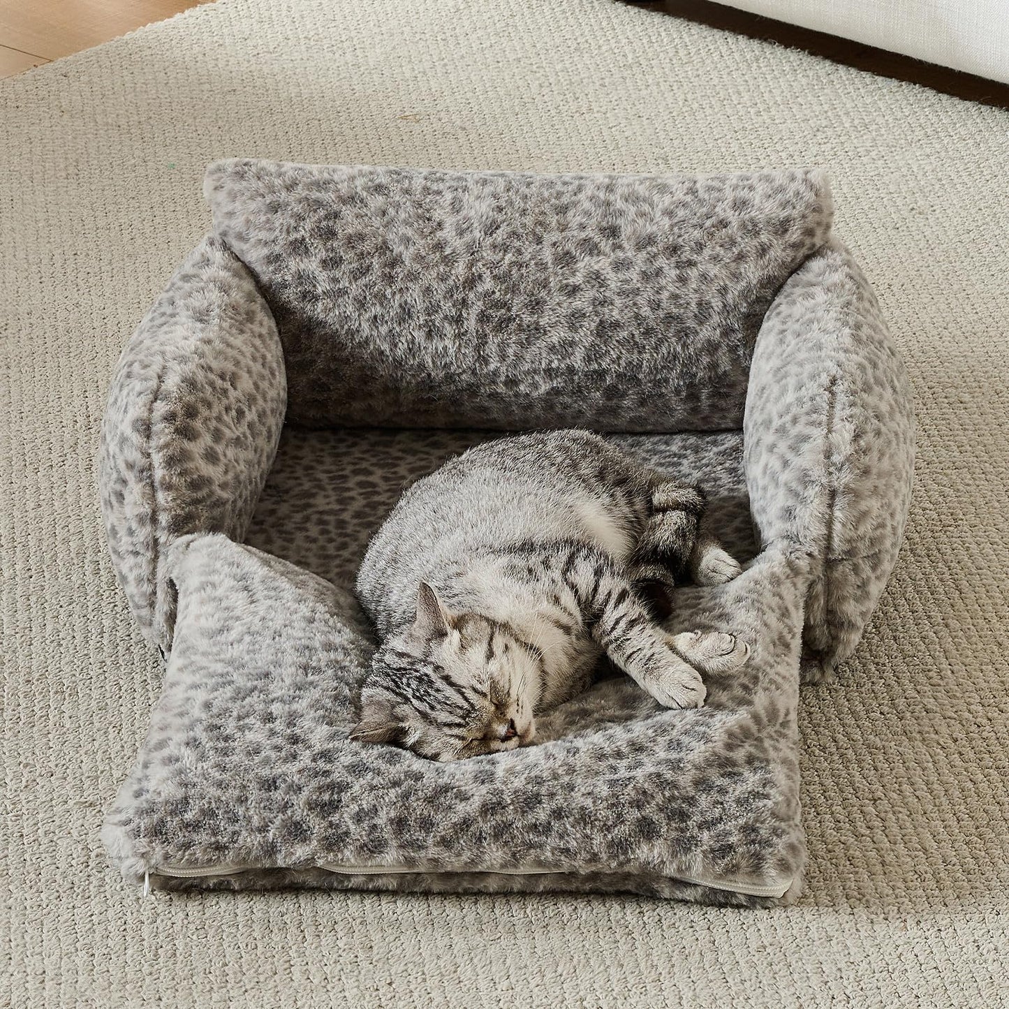Hollypet Cat Bed Fluffy Plush Mutifuctional Double-Layer Soft Pet Couch Orthopedic Sofa Nest Beds for Small Cats and Dogs, Snow Leopard (21x15x8 inch)