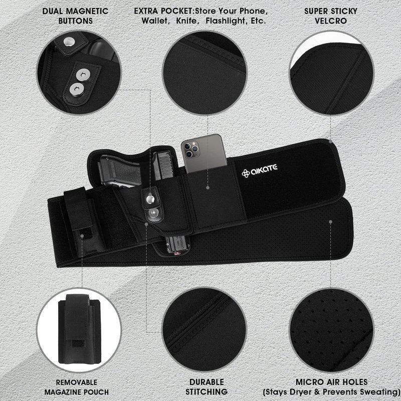 AIKATE Upgraded Belly Band Holster for Concealed Carry, Deep Concealment Gun Holster for Men, Waistband Holsters Fits for Glock 19, 17, M&P Shield 9MM Most Pistols (Fits Belly Up to 55", Right)