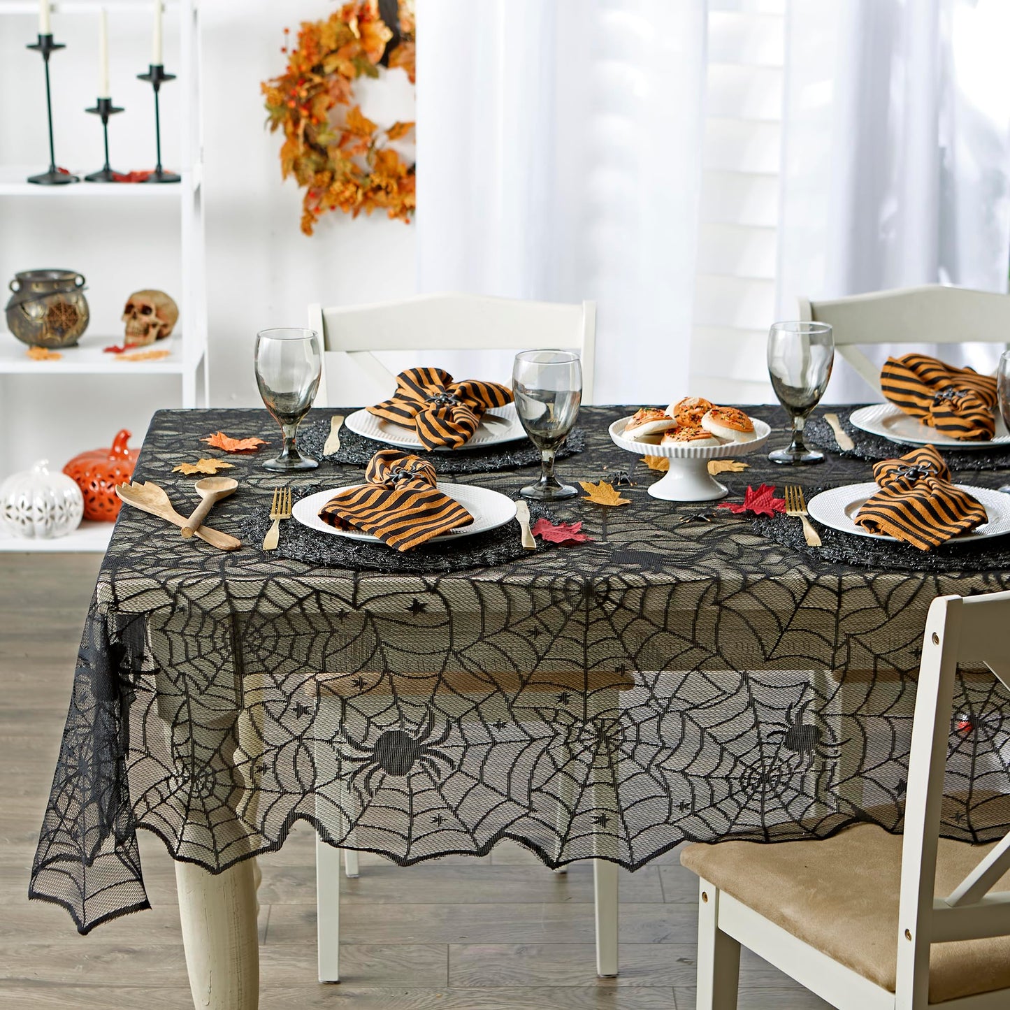 DII Black Lace Overlay Tabletop Collection Gothic Halloween Decor, Tablecloth, 54x72, Spider Web