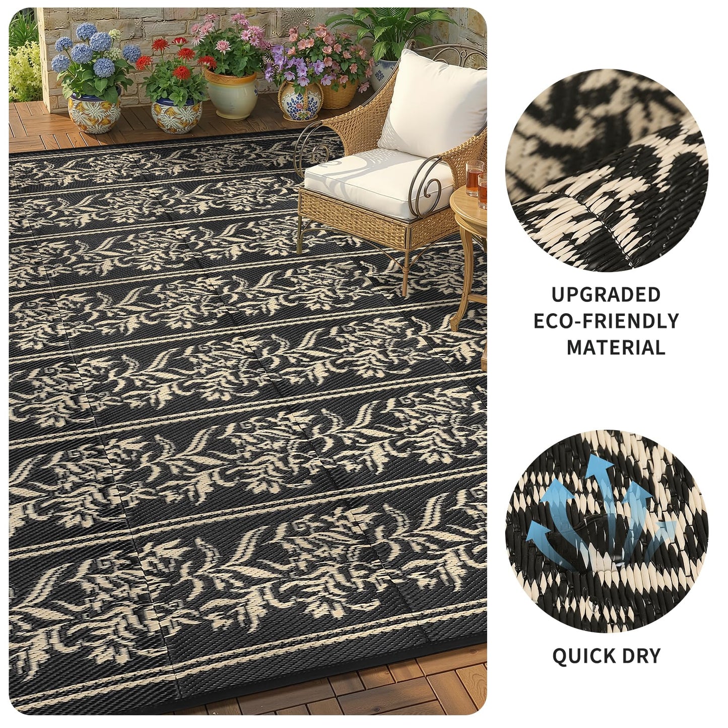 Garvee Outdoor Rugs 5x8 Waterproof Reversible Mat Boho Leaf Patio Rug with 4 Stakes and Starage Bag, Large Outdoor RV Mat Rugs for Camping, Picnic, Balcony, Deck, Backyard, Black & Brown